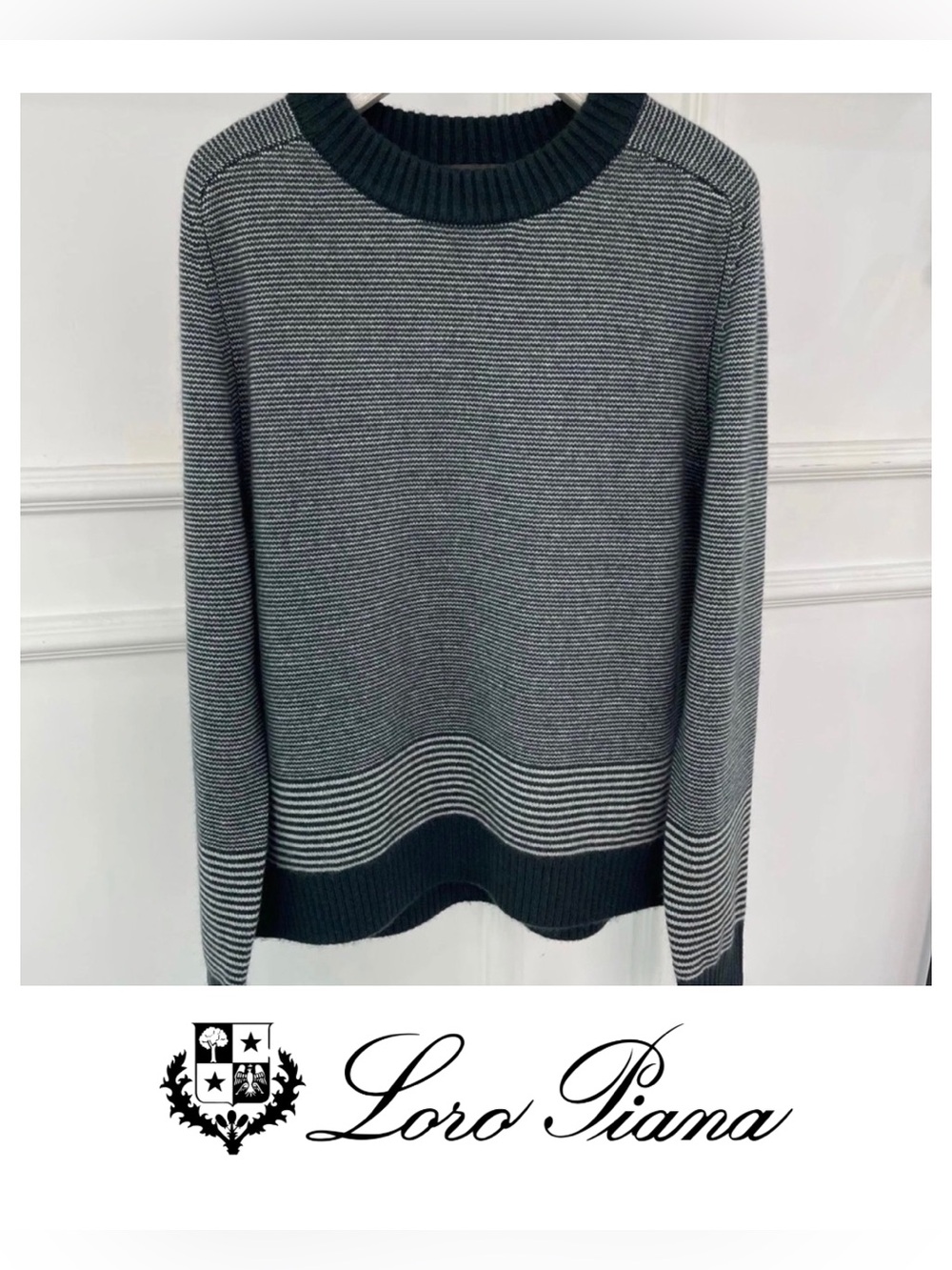 Loro Piana - Baby Cashmere, Green and Cream Striped Crewneck Sweater, Size 38/M